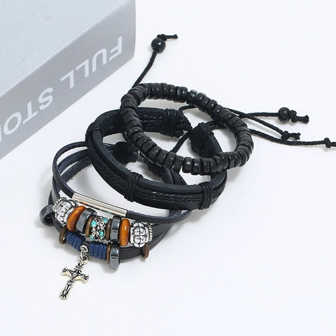Men's Retro Multi-layer Braided Leather Bracelet Set With Alloy Cross Pendant Vintage Ethnic Style Wrap Wristband Jewelry