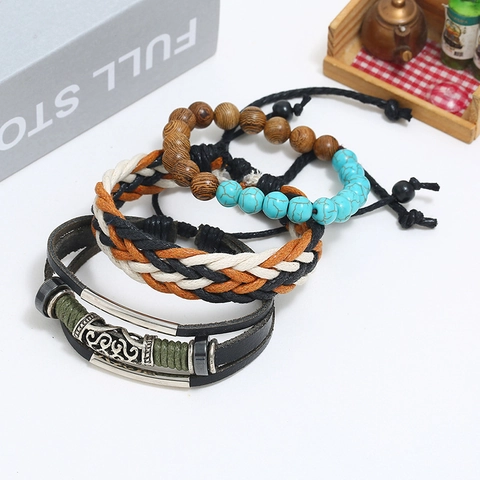 Bohemian Multilayer Handwoven Cowhide Leather Bracelet With Wood Beads Wax Cord Alloy Jewelry For Men Vintage Style Gift