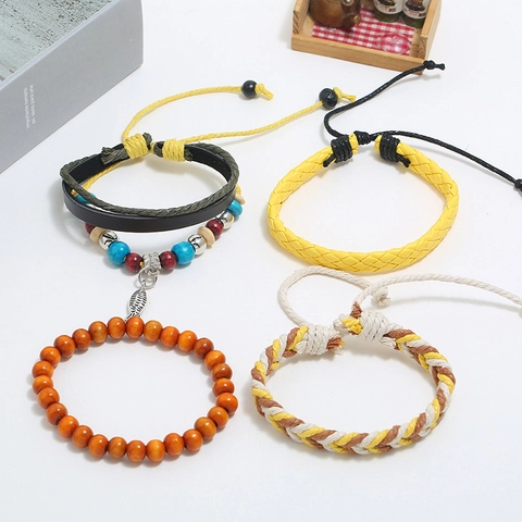 Vintage Bohemian Mehrlagiges Lederarmband Set Für Damen Herren Handgewebte Holzperlen Legierung Fisch Anhänger Ethnisch Armband Schmuck Geschenk