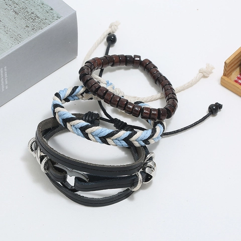 Retro Punk Handmade Woven Cowhide Leather Cord Wood Bead Hemp Rope Bracelets For Men Women Bohemian Adjustable Multilayer DIY Jewelry