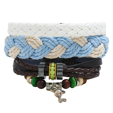 Bracciale in Pelle di Vacca Intrecciata Multistrato Vintage per Uomo Donna Ciondolo a Chiave con Perline Fatto a Mano Gioielli Punk