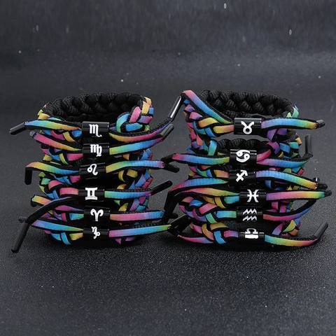 Bracelet Tressé Arc-en-Ciel des Douze Constellations Symboles du Zodiaque en Alliage Bracelet en Corde Réglable pour Bijoux de Couple Unisexe