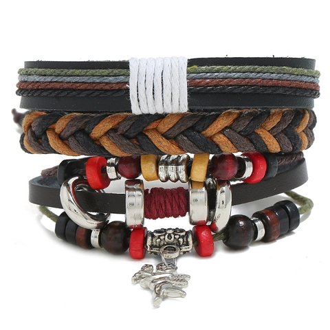 Vintage Woven Genuine Leather Bracelet Multilayered Bohemian Cord Bracelet With Angel Pendant Wood Beads For Men Punk Jewelry