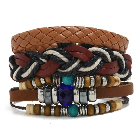 Vintage Woven Leather Bracelet Set For Men Bohemian Cowhide Wood Bead Adjustable Hemp Rope Combination Jewelry Accessories