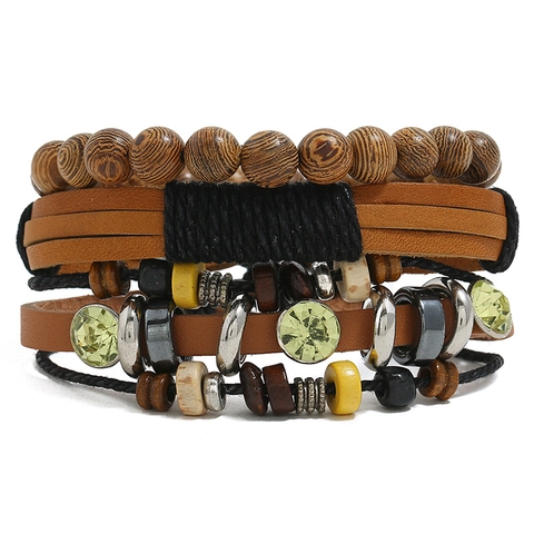 Vintage Multilayer Woven Cowhide Bracelet Set For Men Handmade Wood Bead Leather Wrap Bohemian Ethnic Adjustable Wristband Jewelry