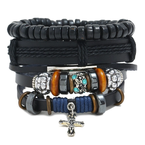 Men's Retro Multi-layer Braided Leather Bracelet Set With Alloy Cross Pendant Vintage Ethnic Style Wrap Wristband Jewelry