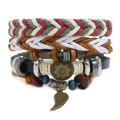 Men Punk Multi Layer Braided Leather Bracelet Combination With Wood Beads Alloy Wing Pendant Bohemian Ethnic Jewelry