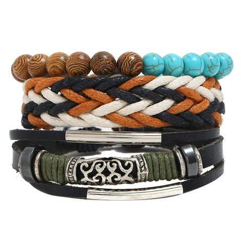 Bohemian Multilayer Handwoven Cowhide Leather Bracelet With Wood Beads Wax Cord Alloy Jewelry For Men Vintage Style Gift