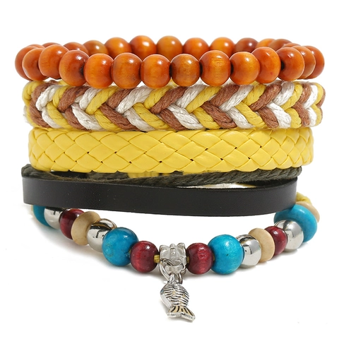 Vintage Bohemian Multilayer Leather Bracelet Set For Women Men Hand-Woven Wood Beads Alloy Fish Pendant Ethnic Bracelet Jewelry Gift