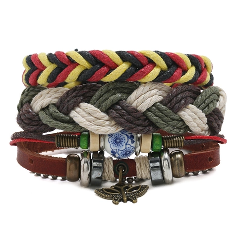 Bracciale Intrecciato in Pelle Vintage Bohemian per Uomo Donna Ciondolo Farfalla Perla in Ceramica Etnico Multistrato Gioielli