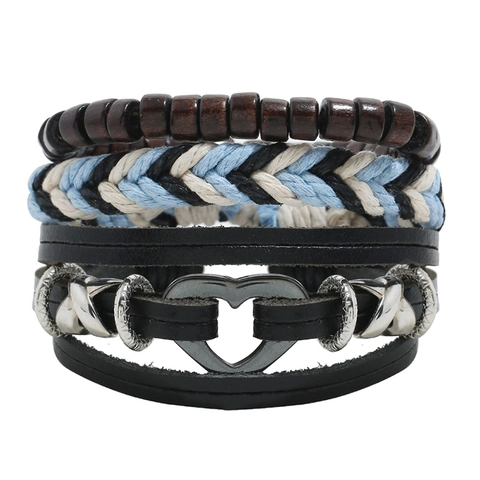 Retro Punk Handmade Woven Cowhide Leather Cord Wood Bead Hemp Rope Bracelets For Men Women Bohemian Adjustable Multilayer DIY Jewelry