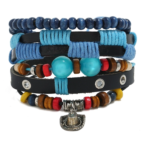 Retro Multilayer Cowhide Bracelet Wood Bead Braided Bracelet Combination Western Cowboy Hat Charm Bracelet Jewelry For Men Women
