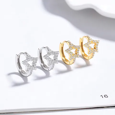 925 Sterling Silver Star Hoop Earrings For Women Fashion Hollow Pentagram Rhinestone Lightweight Jewelry Simple Elegant Style