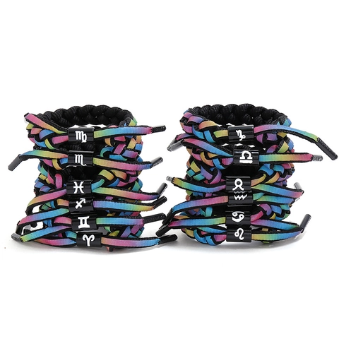 Bracelet Tressé Arc-en-Ciel des Douze Constellations Symboles du Zodiaque en Alliage Bracelet en Corde Réglable pour Bijoux de Couple Unisexe
