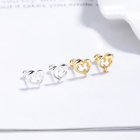 S925 Sterling Silver Dolphin Heart Stud Earrings Minimalist Animal Screw Back Earrings For Women Teen Girls Fine Jewelry Gift