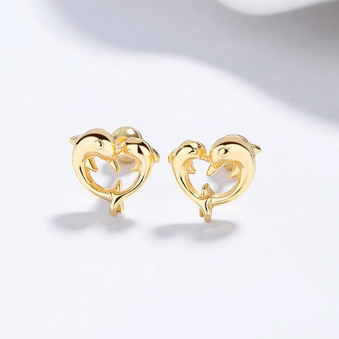 S925 Sterling Silver Dolphin Heart Stud Earrings Minimalist Animal Screw Back Earrings For Women Teen Girls Fine Jewelry Gift