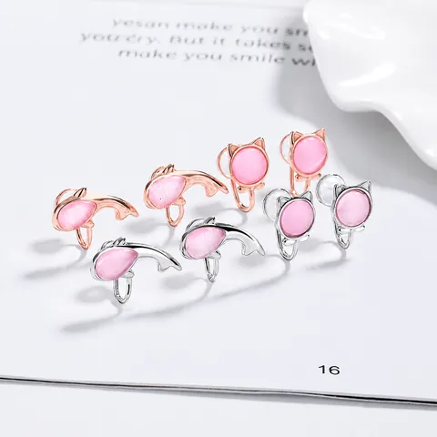 925 Sterling Silver Lucky Cat Koi Fish Ear Clips Pink Cat Eye Stone Non Pierced Earrings Rose Gold Fashion Jewelry For Women
