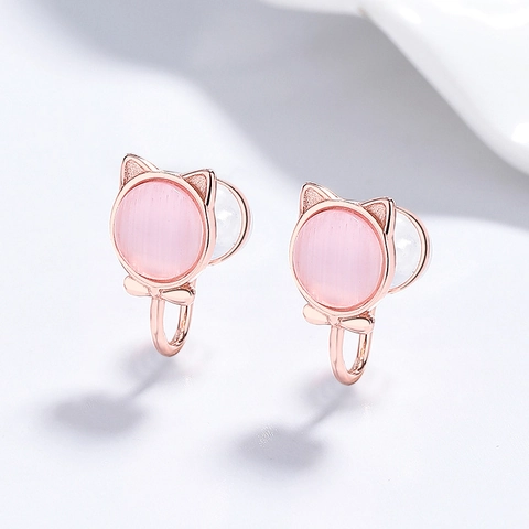 925 Sterling Silver Lucky Cat Koi Fish Ear Clips Pink Cat Eye Stone Non Pierced Earrings Rose Gold Fashion Jewelry For Women