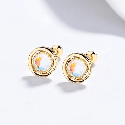 Orecchini a Bottone in Argento Sterling 925 Pietra di Luna Per Donna Minimalisti Tondi a Vite Geometrici Gioielli di Lusso