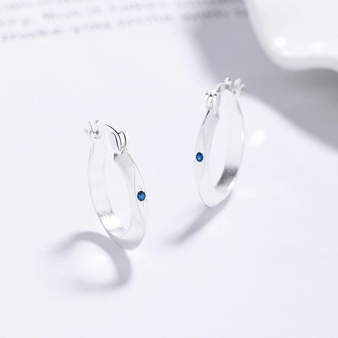 Pendientes De Aro Cepillados De Plata De Ley 925 Para Mujer Minimalista Mate Azul Strass Inlay Joyas De Oreja Circular