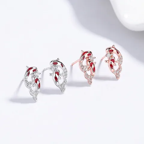 Orecchini a Bottone Pesce Koi in Argento Sterling 925 Con Strass per Donna Nuovo Stile Cinese Smalto Animale Gioielli Regalo