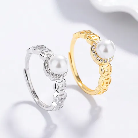 925 Sterling Silver Artificial Pearl Ring Rhinestone Hollow Coin Pattern Adjustable Open Finger Ring For Women Jewelry