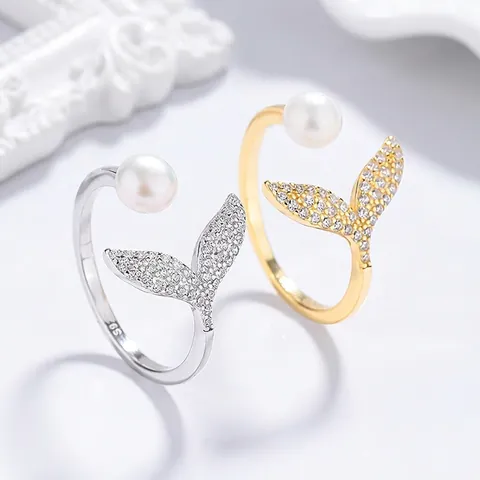 Anello Aperto Coda di Sirena in Argento Sterling 925 per Donna Regolabile con Perla d'Acqua Dolce e Zirconia Gioielli