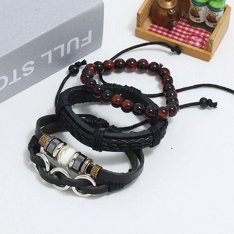 Men Vintage Multi-Layer Cowhide Leather Bracelet Braided Cord Glass Beads Alloy Rings Punk Wristband Jewelry For Casual