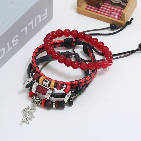Vintage Mehrlagig Geflochten Leder Perlen Armband Set Für Damen Herren Boho Punk Handgefertigt Rindsleder Holz Schmuck
