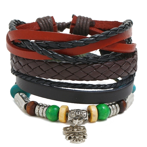 Bracciale Vintage Multistrato in Pelle di Vacca Intrecciata per Uomo Donna Ciondolo Gufo Bohémien Perla di Legno Bracciale Etnico Regolabile