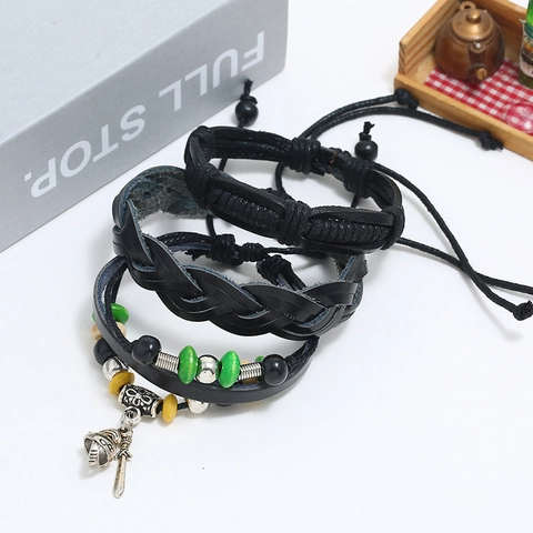 Herren Vintage Mehrlagiges Leder Armband Set Handgefertigt Gewebt Wachsfaden Holzperlen Schwert Anhänger Punk Boho Wickelarmband Schmuck