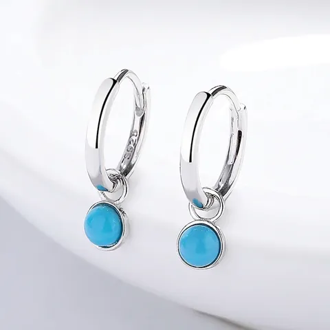 925 Sterling Silver Turquoise Drop Hoop Earrings For Women Minimalist Simple Round Blue Stone White Gold Plated Fashion Jewelry