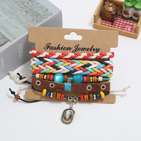 Bohemian Cowhide Leather Braided Bracelets For Men Women Retro Wood Beads Cowboy Hat Pendant Handmade Ethnic Jewelry Gift