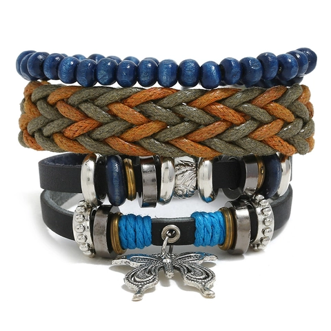Rétro Hommes Bracelet en Cuir Tressé Vintage Alliage Papillon Charme Perles de Bois Corde de Chanvre Multicouche Bijoux