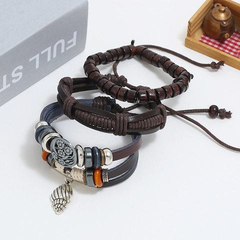 Vintage Mehrlagiges Gewebtes Lederarmband-Set Für Herren Böhmische Holzperlen Legierung Muschel Anhänger Braunes Armband Retro Schmuck Geschenk