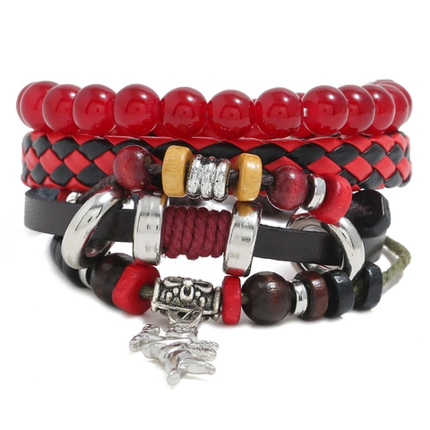 Vintage Mehrlagig Geflochten Leder Perlen Armband Set Für Damen Herren Boho Punk Handgefertigt Rindsleder Holz Schmuck
