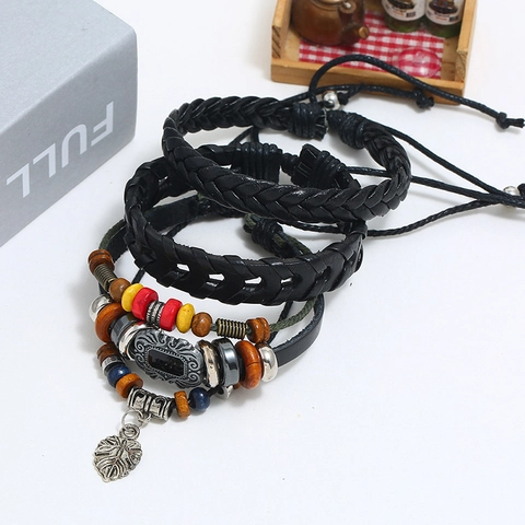 Vintage Meerlaagse Koeienhuid Houten Kralen Armband Set Voor Heren Dames Bladhanger Etnisch Boheems Gevlochten Sieraden