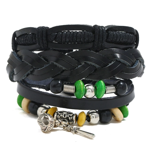 Herren Vintage Mehrlagiges Leder Armband Set Handgefertigt Gewebt Wachsfaden Holzperlen Schwert Anhänger Punk Boho Wickelarmband Schmuck