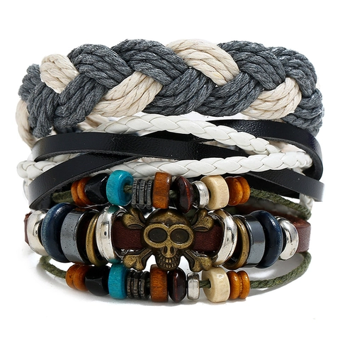Bracciale in Pelle Vintage Punk da Uomo Corda in Cuoio Intrecciato Perla di Legno Ciondolo a Teschio Regolabile Multistrato Bohemian Gioielli