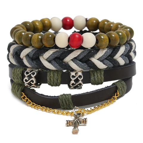 Bracciale in Pelle Vintage Bohemian per Uomo Corda Intrecciata in Pelle di Vacchetta Perline in Legno Ciondolo a Croce Gioielli Retro Punk