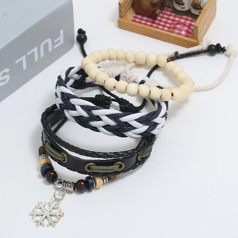 Bohemian Mehrlagige Handgewebte Leder Armband Herren Legierung Schneeflocke Anhänger Holzperlen Verstellbar Ethnisch Schmuck