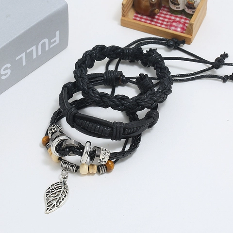 Vintage Herren Mehrlagiges Geflochtenes Lederarmband Set Mit Blatt Anhänger Holzperlen Handgefertigt Punk Wickelarmband Schmuck