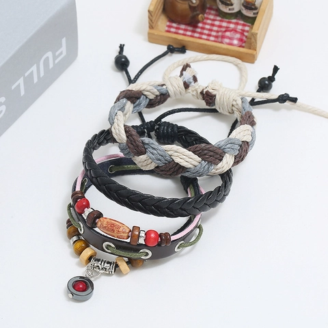 Vintage Hand-woven Leather Bracelet Set For Men Women Bohemian Multilayer Cowhide Hemp Rope Wood Bead Alloy Charm Jewelry