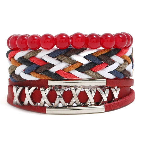 Set di Braccialetti in Pelle di Vacca Intrecciata Retro Bohemian per Uomo Donna Perline di Vetro Rosse Filo Cerato Gioielli a Mano Multistrato Regolabili
