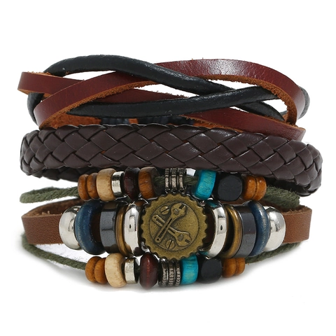 Set Bracciale in Pelle Intrecciata da Uomo Vintage Corda in Pelle di Vacchetta Retro Con Perline di Legno Ciondolo Ingranaggio Lega Gioielli Regolabili