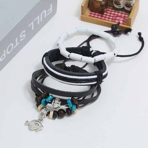 Vintage Herren Mehrlagiges Lederarmband Böhmisch Handgewebt Holzperlen Hanfseil Legierung Fisch Anhänger Punk Ethnisch Schmuck