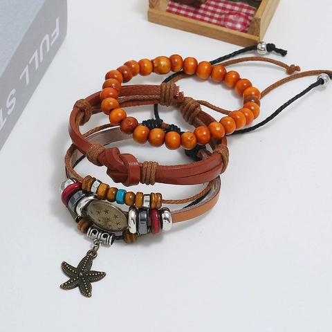 Pulsera de Cuero de Vaca Vintage para Hombre Cuentas de Madera Aleación Estrella de Mar Dije Bohemio Tejido a Mano Ajustable
