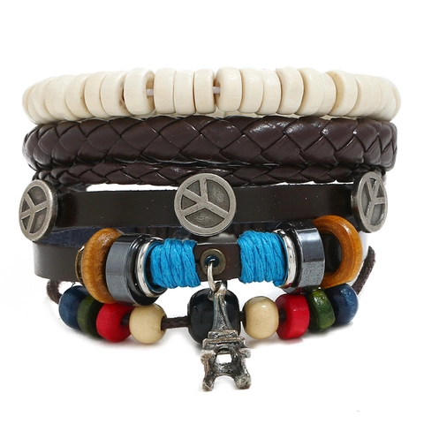 Retro Bohemian Men Multilayer Bracelet Woven Leather Bangle With Peace Sign Eiffel Tower Alloy Pendant Adjustable Jewelry