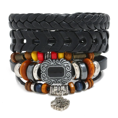 Vintage Meerlaagse Koeienhuid Houten Kralen Armband Set Voor Heren Dames Bladhanger Etnisch Boheems Gevlochten Sieraden