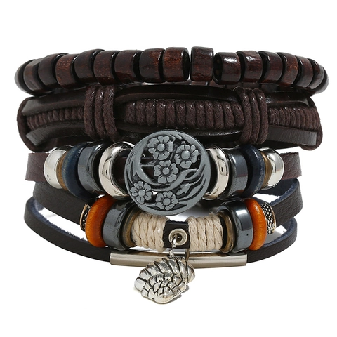 Vintage Mehrlagiges Gewebtes Lederarmband-Set Für Herren Böhmische Holzperlen Legierung Muschel Anhänger Braunes Armband Retro Schmuck Geschenk
